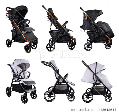 Baby stroller isolated on white. Modern pram in different positions showing versatility and functionality Baby stroller isolated on white. Modern pram in different positions showing versatility and functionality 118648641