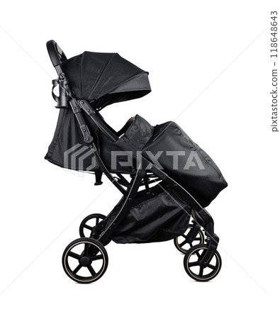 Modern black baby stroller isolated on white background Modern black baby stroller isolated on white background 118648643