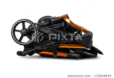 Modern folded baby stroller isolated on white background Modern folded baby stroller isolated on white background 118648644