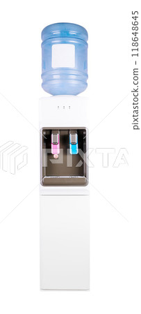 Modern water cooler dispensing cold and hot water 118648645