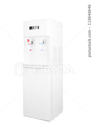Modern water cooler dispenser standing on white background Modern water cooler dispenser standing on white background 118648646