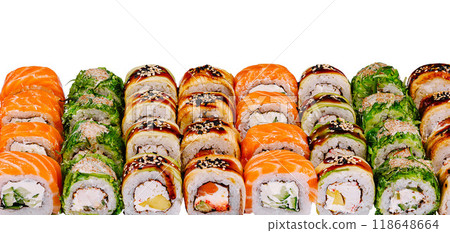 Different types of sushi forming a colorful composition on white background 118648664