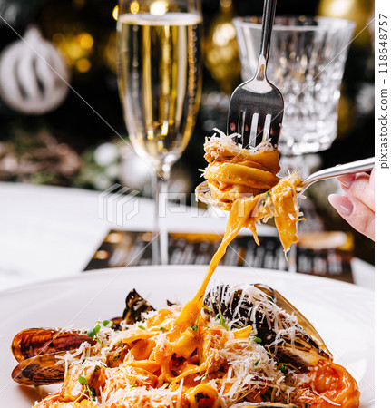 Gourmet pasta dish with seafood and cheese Gourmet pasta dish with seafood and cheese 118648757