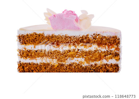 Delicious cake showing layers of cream filling and sponge cake 118648773