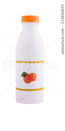 White plastic bottle with orange cap showing apricots on label is standing White plastic bottle with orange cap showing apricots on label is standing 118648832