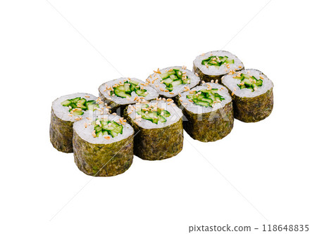 Kappa maki sushi rolls with cucumber and sesame seeds on white background Kappa maki sushi rolls with cucumber and sesame seeds on white background 118648835