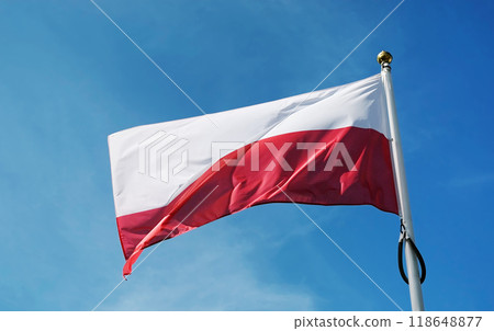 Polish National Flag Waving Against The Sky Background 118648877
