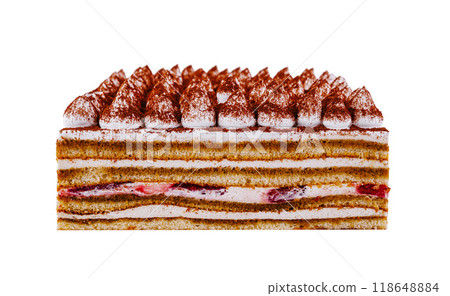 Delicious tiramisu cake with layers of cream and strawberries isolated on white background Delicious tiramisu cake with layers of cream and strawberries isolated on white background 118648884