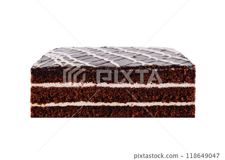 Delicious chocolate cake with white icing showing layers on white background 118649047