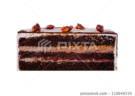 Delicious chocolate cake with nuts and cherry filling showing its layers 118649150