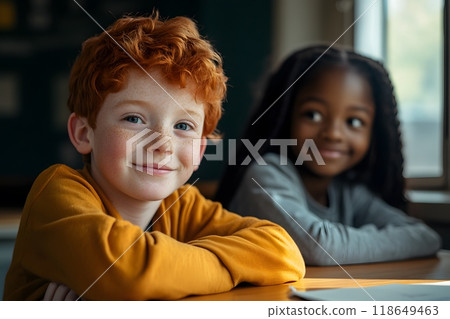 A white boy and a black girl in a school classroom 118649463