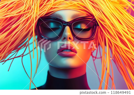 Futuristic creative portrait of a girl with pasta on her head 118649491