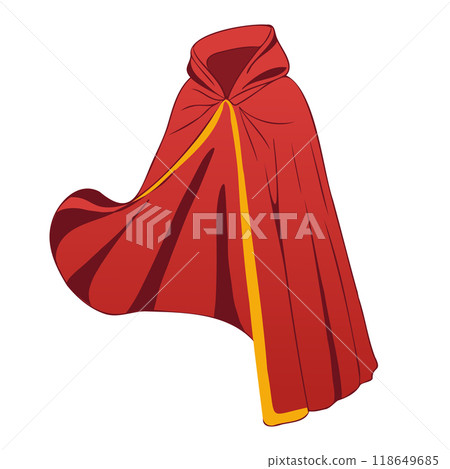 Red magic cloak with hood in flat design. Flowing cape for superhero costume. Vector illustration isolated. Red magic cloak with hood in flat design. Flowing cape for superhero costume. Vector illustration isolated. 118649685