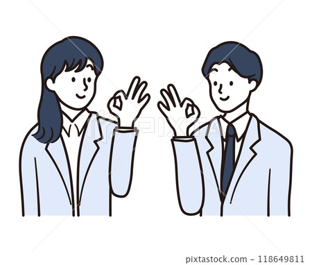 一位亞洲女商人和商人微笑著做出 OK 手勢的插圖素材 118649811