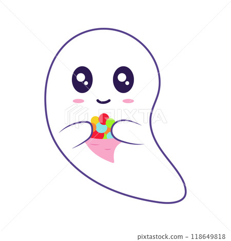 Halloween cute ghost in flat design. Happy spirit holds candies and flying. Vector illustration isolated. Halloween cute ghost in flat design. Happy spirit holds candies and flying. Vector illustration isolated. 118649818