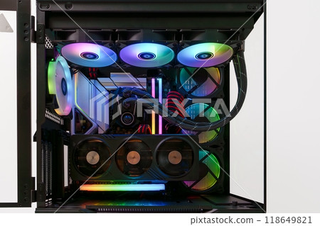 Showcase of a Custom Gaming Computer Build with Rainbow LED Lighting Showcase of a Custom Gaming Computer Build with Rainbow LED Lighting 118649821