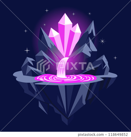 Gaming fantasy island in flat design. Platform with magic crystal rocks and river. Vector illustration isolated. 118649852