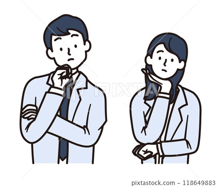 Illustration material of a female and male office worker thinking with their arms folded Illustration material of a female and male office worker thinking with their arms folded 118649883