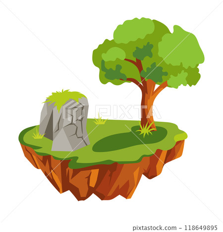 Flying ground island in flat design. Level platform with stone, tree and lawn. Vector illustration isolated. 118649895