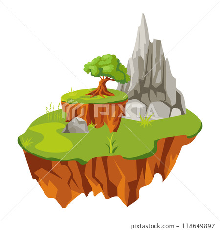 Flying ground island in flat design. Level platform with mountains, tree and grass. Vector illustration isolated. 118649897
