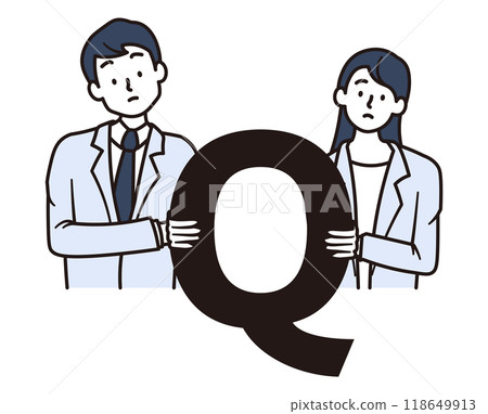 Illustration material of male and female office workers thinking with question marks 118649913