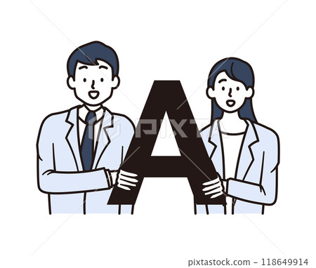 Illustration material of male and female office workers thinking with answer mark 118649914