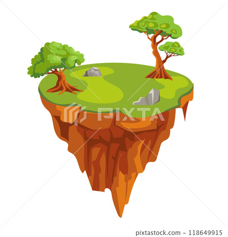 Flying ground island in flat design. Level platform with trees, stones and lawn. Vector illustration isolated. Flying ground island in flat design. Level platform with trees, stones and lawn. Vector illustration isolated. 118649915