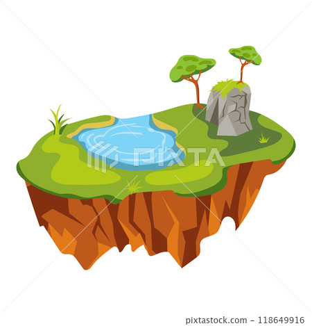Flying ground island in flat design. Level platform with trees, stone, lake and lawn. Vector illustration isolated. 118649916