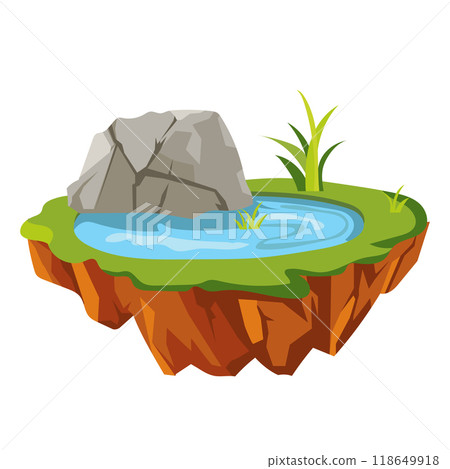 Flying ground island in flat design. Level platform with rocks, lake and grass. Vector illustration isolated. 118649918