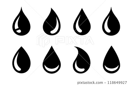 black set icons silhouettes of drop, droplets, blob and dribble black set icons silhouettes of drop, droplets, blob and dribble 118649927