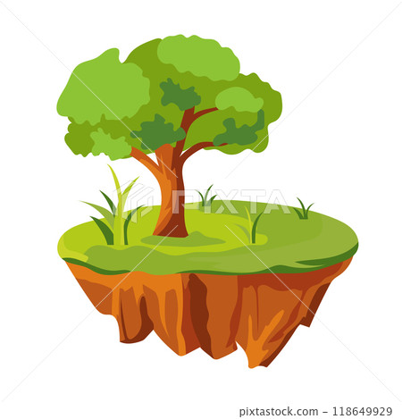 Flying ground island in flat design. Level platform with forest tree. Vector illustration isolated. 118649929