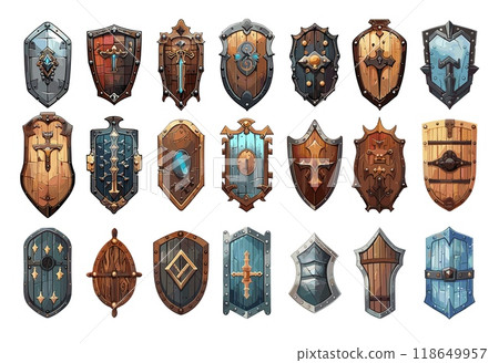 Wooden timber shields cartoon vector set. Symbols antlers ancient protection armor defense weaponry gear skirmish combat equipment, illustrations isolated on white background 118649957