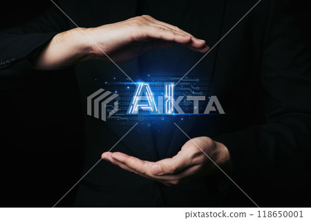Businessman protect AI. technology smart robot science and artificial intelligence technology, and innovation futuristic. 118650001