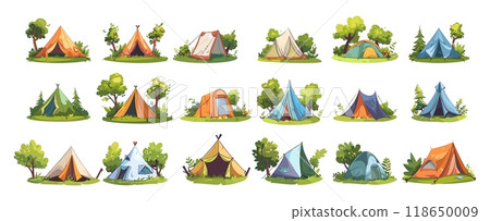 Outdoor tents cartoon vector set. Camps shelters awnings underbrush lush ropes cords summertime hiking open air trips eco journeys equipment isolated on white background 118650009