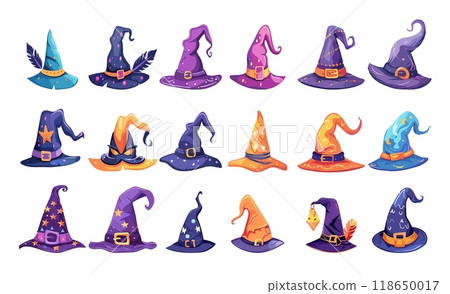 Mystic witch hats cartoon vector collection. Cone feather band stars enchanter headgear casting spell vintage headwear accessories isolated on white background Mystic witch hats cartoon vector collection. Cone feather band stars enchanter headgear casting spell vintage headwear accessories isolated on white background 118650017