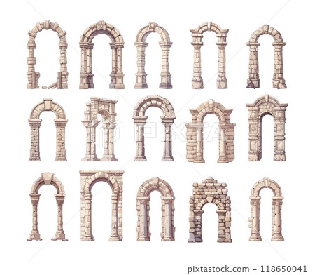 Granite columns old arches cartoon vector set. Stone rock archway entrance manor stronghold marble scuffs fractures exterior structures artwork isolated on white background 118650041