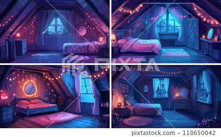 Girl night room cartoon vector illustrations. Bed cushions window fairy lights nightstand lamp dressing mirror wardrobe curtains attic purple tones interior cozy concepts Girl night room cartoon vector illustrations. Bed cushions window fairy lights nightstand lamp dressing mirror wardrobe curtains attic purple tones interior cozy concepts 118650042