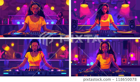 DJ girl cartoon vector scenes. Audio system amplifier sound boxes neon lamps dark complexion woman afro headphones enjoying records musician character, dancing disco party lounge illustrations 118650078