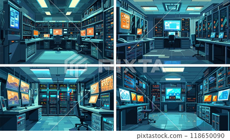 Data server room cartoon vector concepts. Monitor table screen chair seat desk rigs racks cables center network computer information communications storage vault illustrations 118650090