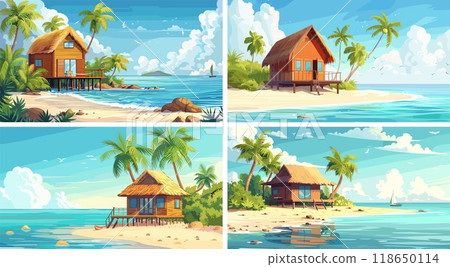 Bungalow seaside apartments cartoon vector scenes. Tropical sand palms ocean marine gulf cabine platform home lagoon sea isle resort secluded hut illustrations 118650114