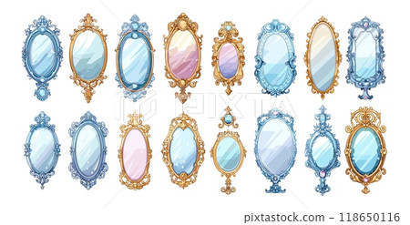 Bizarre mirrors cartoon vector set. Oval glass curls frame metal galvanic magic reflection accessories illustration isolated on white background 118650116