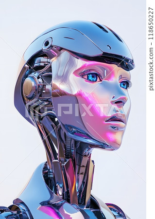 Robot humanoid woman, portrait, chrome 118650227