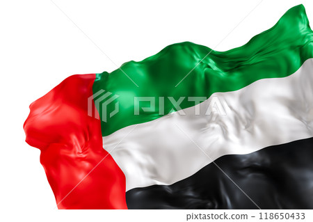 Realistic flag of United Arab Emirates with folds, isolated on white background. Footer, corner design element. Cut out. Perfect for patriotic themes or national event promotions. 3D render. 118650433