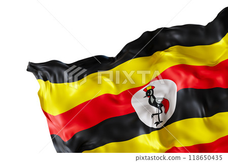 Realistic flag of Uganda with folds, isolated on white background. Footer, corner design element. Cut out. Perfect for patriotic themes or national event promotions. 3D render. Realistic flag of Uganda with folds, isolated on white background. Footer, corner design element. Cut out. Perfect for patriotic themes or national event promotions. 3D render. 118650435