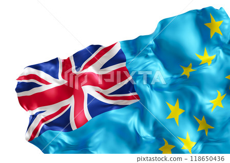 Realistic flag of Tuvalu with folds, isolated on white background. Footer, corner design element. Cut out. Perfect for patriotic themes or national event promotions. 3D render. Realistic flag of Tuvalu with folds, isolated on white background. Footer, corner design element. Cut out. Perfect for patriotic themes or national event promotions. 3D render. 118650436