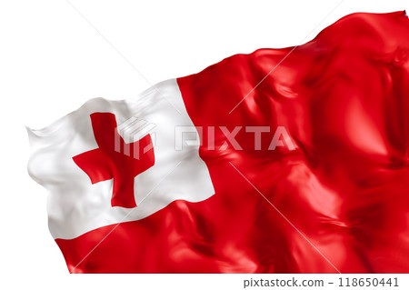 Realistic flag of Tonga with folds, isolated on white background. Footer, corner design element. Cut out. Perfect for patriotic themes or national event promotions. 3D render. 118650441