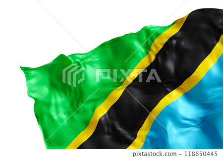Realistic flag of Tanzania with folds, isolated on white background. Footer, corner design element. Cut out. Perfect for patriotic themes or national event promotions. 3D render. 118650445
