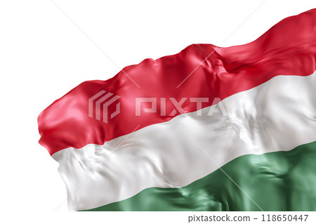 Realistic flag of Hungary with folds, isolated on white background. Footer, corner design element. Cut out. Perfect for patriotic themes or national event promotions. 3D render. Realistic flag of Hungary with folds, isolated on white background. Footer, corner design element. Cut out. Perfect for patriotic themes or national event promotions. 3D render. 118650447