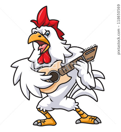 A rooster plays the guitar. Rooster musician Wild Animal Character of illustration 118650569
