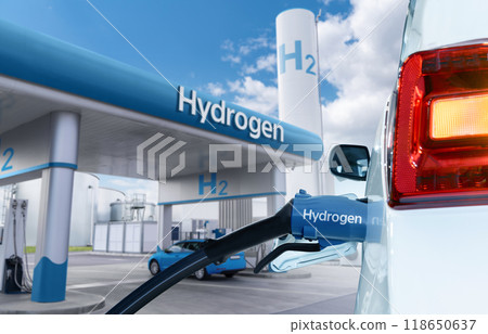 Close up of fuel cell car with connected hydrogen fueling nozzle 118650637